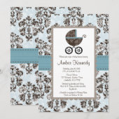 Blauwe en bruine Damask Baby Shower-uitnodigingen Kaart (Voorkant / Achterkant)