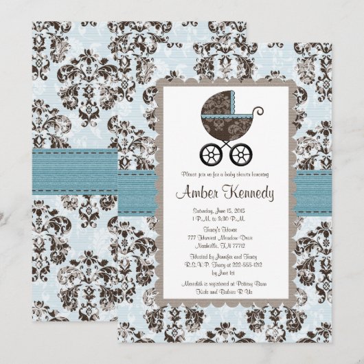 Blauwe en bruine Damask Baby Shower-uitnodigingen Kaart (Voorkant / Achterkant)