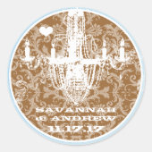 Blauwe en bruine Damask-handelier-Stickers Ronde Sticker (Voorkant)