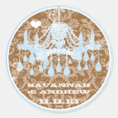 Blauwe en bruine  Damask-handelier-Stickers Ronde Sticker (Voorkant)