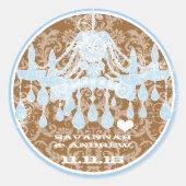 Blauwe en bruine Damask-handelier-Stickers Ronde Sticker (Voorkant)