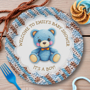 Blauwe en bruine gehaakte teddybeer Het is een jon Papieren Bordje