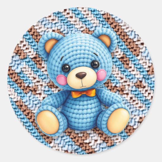 Blauwe en bruine gehaakte teddybeer ronde sticker (Voorkant)