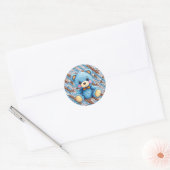 Blauwe en bruine gehaakte teddybeer ronde sticker (Envelop)