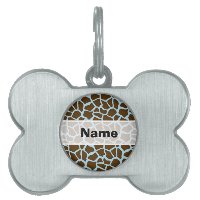 Blauwe en bruine Giraffe Dierenprint Huisdieren Naamplaatje (voorkant)