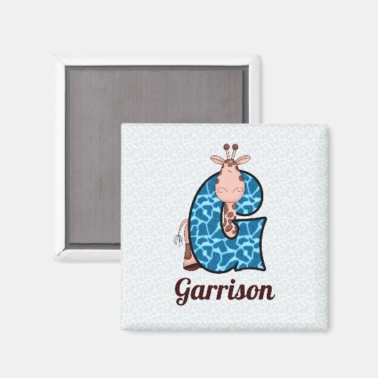 Blauwe en bruine Giraffe Monogram G Childrens Magneet (Voorkant / Achterkant)