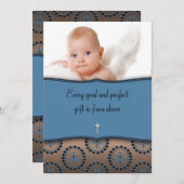 Blauwe en bruine jongen foto doop kaart (Voorkant / Achterkant)