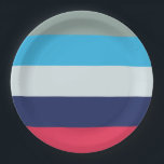 Blauwe en bruine strepen papieren bordje<br><div class="desc">Horizontaal blauw en gestript patroon.</div>