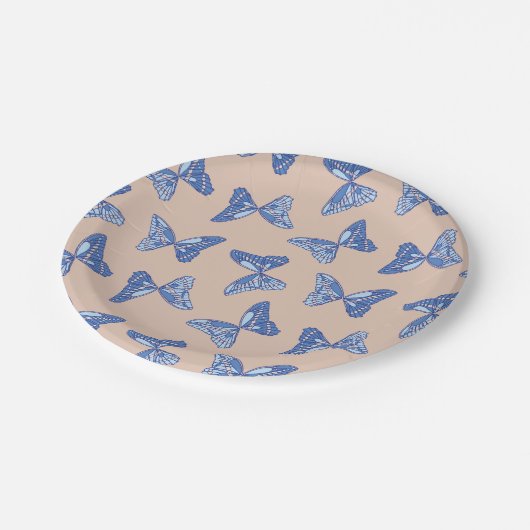 Blauwe en bruine vlinders papieren bordje (Gekanteld)