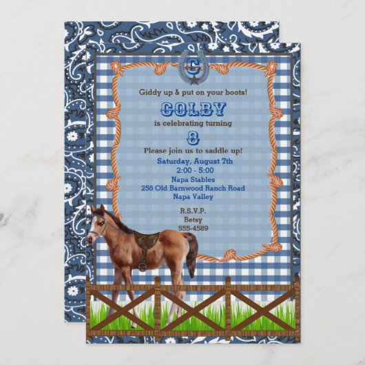 Blauwe en bruine western paard uitnodiging (Voorkant / Achterkant)