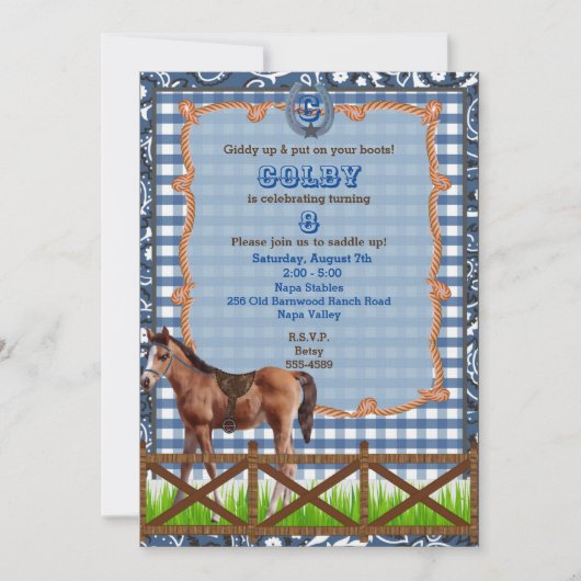 Blauwe en bruine western paard uitnodiging (Voorkant)