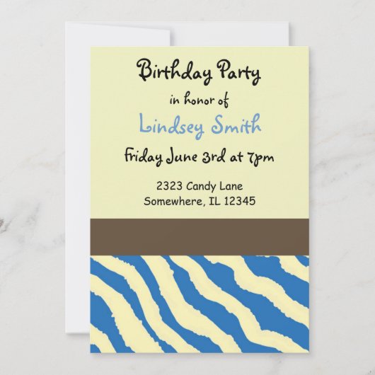 Blauwe en bruine Zebra Pattern Birthday Invitation Kaart (Voorkant)