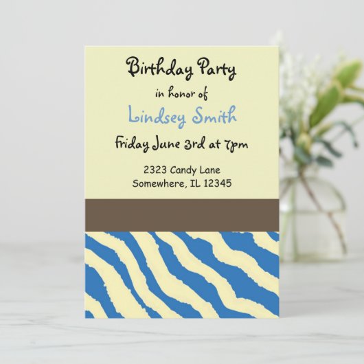 Blauwe en bruine Zebra Pattern Birthday Invitation Kaart (Staand voorkant)