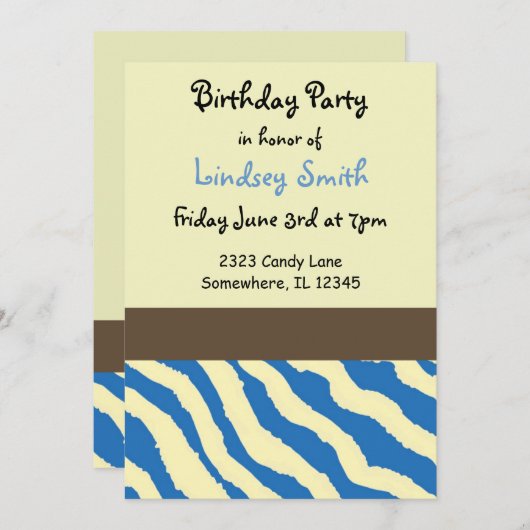 Blauwe en bruine Zebra Pattern Birthday Invitation Kaart (Voorkant / Achterkant)