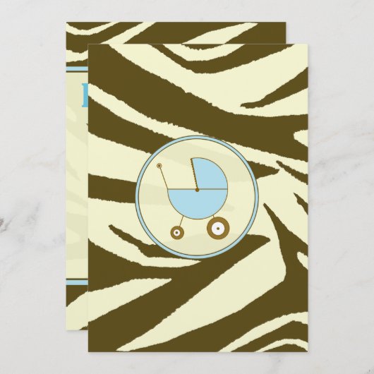 Blauwe en bruine zebra Print Baby shower Uitnodigi Kaart (Voorkant / Achterkant)