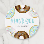Blauwe en chocolade donuts verjaardagsfeestje beda bedankjes labels (Voorkant)