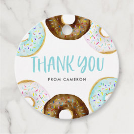 Blauwe en chocolade donuts verjaardagsfeestje beda bedankjes labels