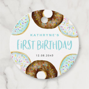 Blauwe en Chocolade Sprinkle Donuts Eerste Verjaar Bedankjes Labels