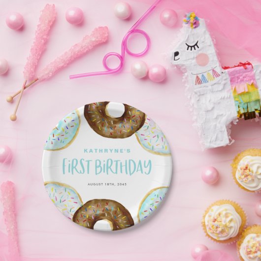 Blauwe en Chocolade Sprinkle Donuts Eerste Verjaar Papieren Bordje (Feest)
