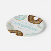 Blauwe en Chocolade Sprinkle Donuts Eerste Verjaar Papieren Bordje (Gekanteld)