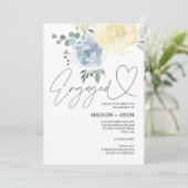 Blauwe en cream Floral Engagement Party feestviere Kaart (Staand voorkant)