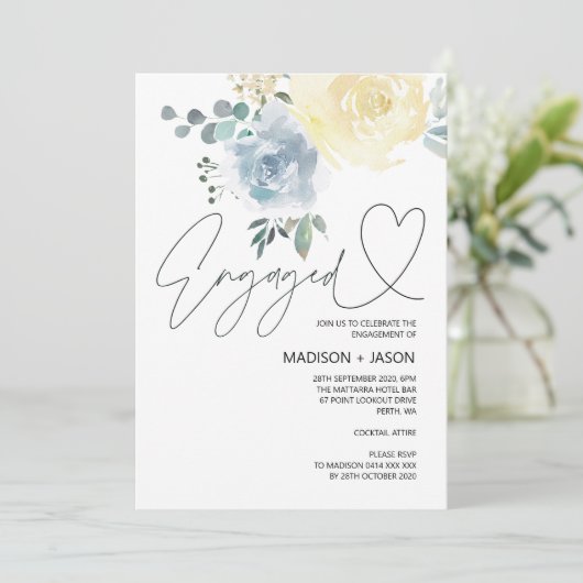 Blauwe en cream Floral Engagement Party feestviere Kaart (Staand voorkant)
