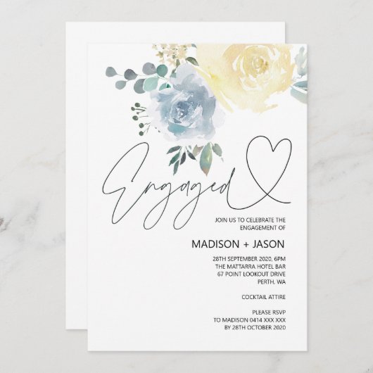 Blauwe en cream Floral Engagement Party feestviere Kaart (Voorkant / Achterkant)