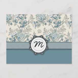 Blauwe en Cream-Rozen met monogram Briefkaart