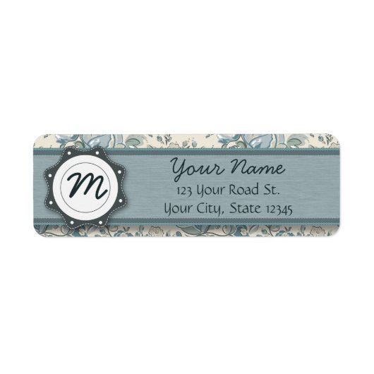 Blauwe en Cream-Rozen met monogram Etiket (Voorkant)
