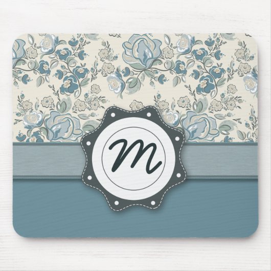 Blauwe en Cream-Rozen met monogram Muismat (Voorkant)