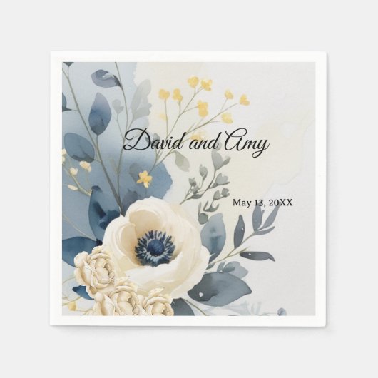 Blauwe en crème en witte bloemencocktailservetten servet (Voorkant)
