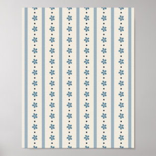 Blauwe en Crème Strepen en Bloemen Poster