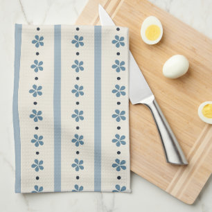 Blauwe en Crème Strepen en Bloemen Theedoek