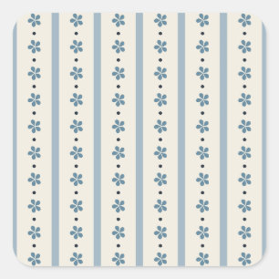 Blauwe en Crème Strepen en Bloemen Vierkante Sticker