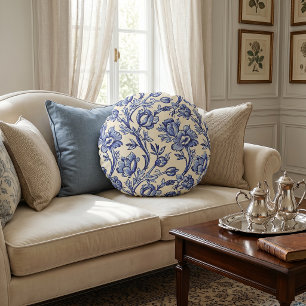 Blauwe en Crème Tulpen Toile Frans Landelijk Decor Rond Kussen