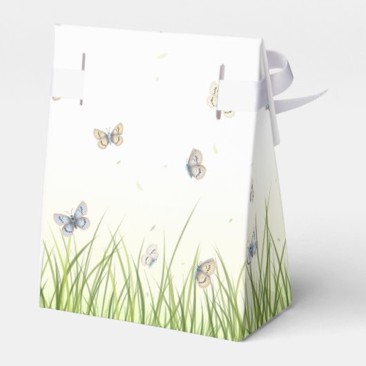 Blauwe en Crème Vlinders Charmante Tuin Scène Bedankdoosjes (Achterkant)