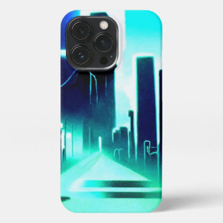 Blauwe en Cyaan Gritty Futuristic City iPhone 13 Pro Hoesje