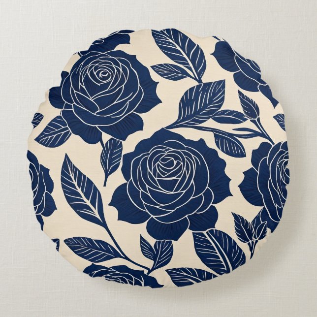 Blauwe en gebroken witte gestileerde Rozen Rond Kussen (Voorkant)