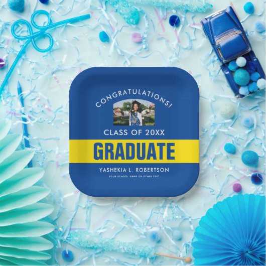 Blauwe en gele Afstuderen Persoonlijke foto Papieren Bordje