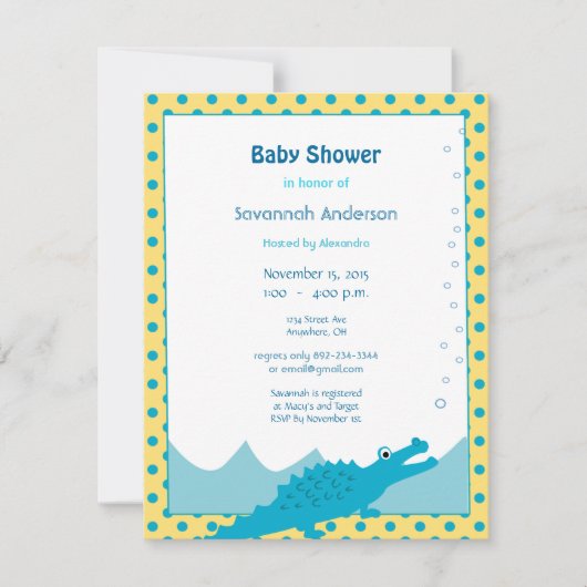 Blauwe en Gele Alligator Baby Jongensdouche Kaart (Voorkant)