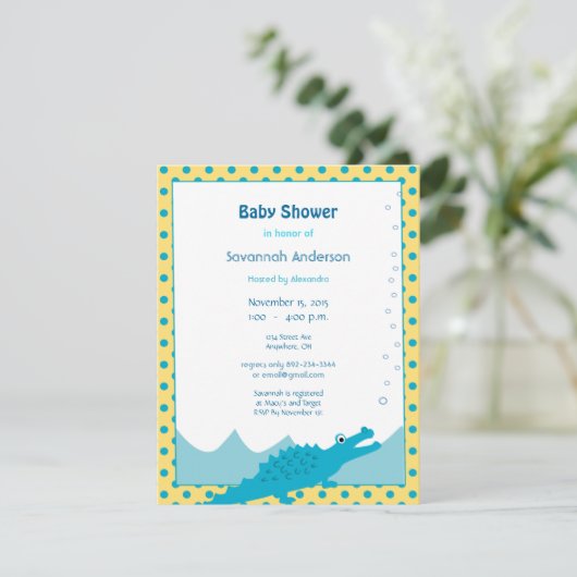 Blauwe en Gele Alligator Baby Jongensdouche Kaart (Staand voorkant)
