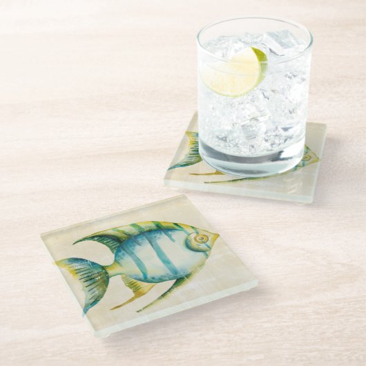 Blauwe en gele aquariumvis glazen onderzetter (Schuin)