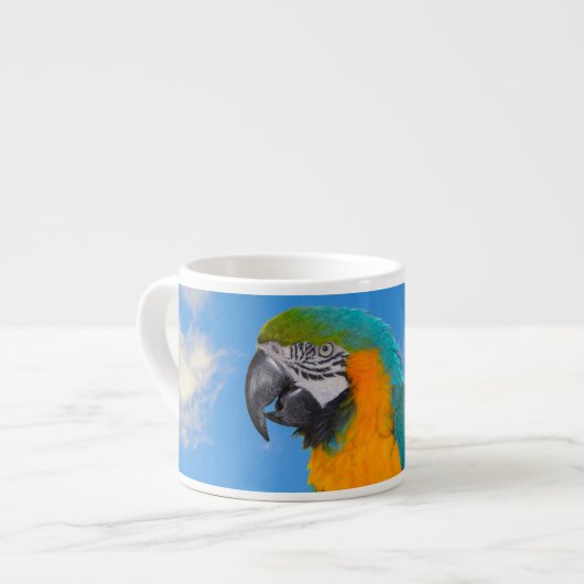 Blauwe en gele ara espresso kop (Links)