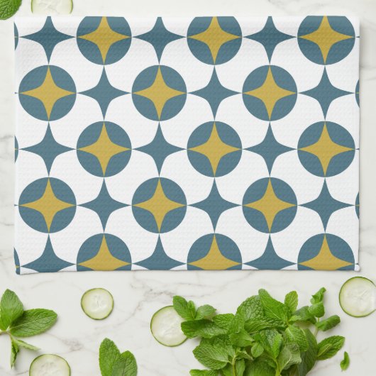 Blauwe en gele atoomster midden eeuw theedoek (Gevouwen)