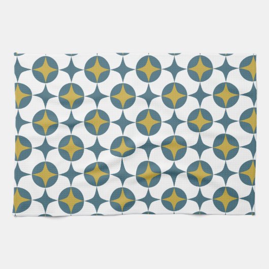 Blauwe en gele atoomster midden eeuw theedoek (Horizontaal)