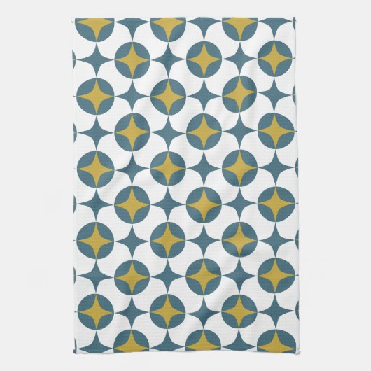 Blauwe en gele atoomster midden eeuw theedoek (Verticaal)