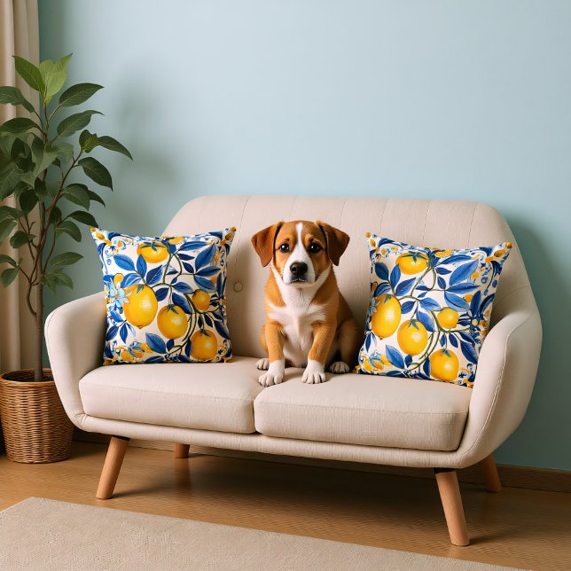 Blauwe en gele Azulejos met citroenen Kussen (Blue and yellow Azulejos with lemons Throw Pillow)