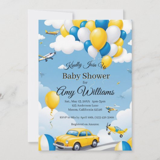 Blauwe en Gele Baby Shower Uitnodiging voor een Jo (Voorkant)