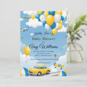 Blauwe en Gele Baby Shower Uitnodiging voor een Jo (Staand voorkant)
