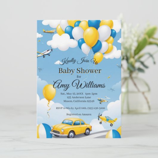 Blauwe en Gele Baby Shower Uitnodiging voor een Jo (Staand voorkant)